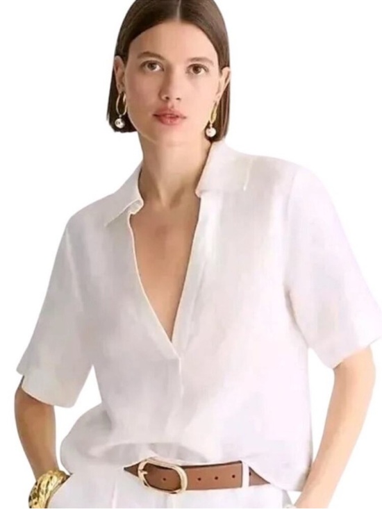 J. Crew Tops - J.CREW Bungalow Popover Top in 100% Linen White Small Chic Travel Old Money